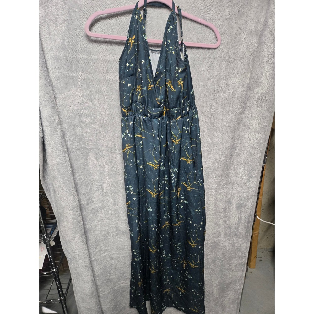 Halter Neck Floral Maxi Dress Teal Green Yellow Print V-Neck Stretch Size Large